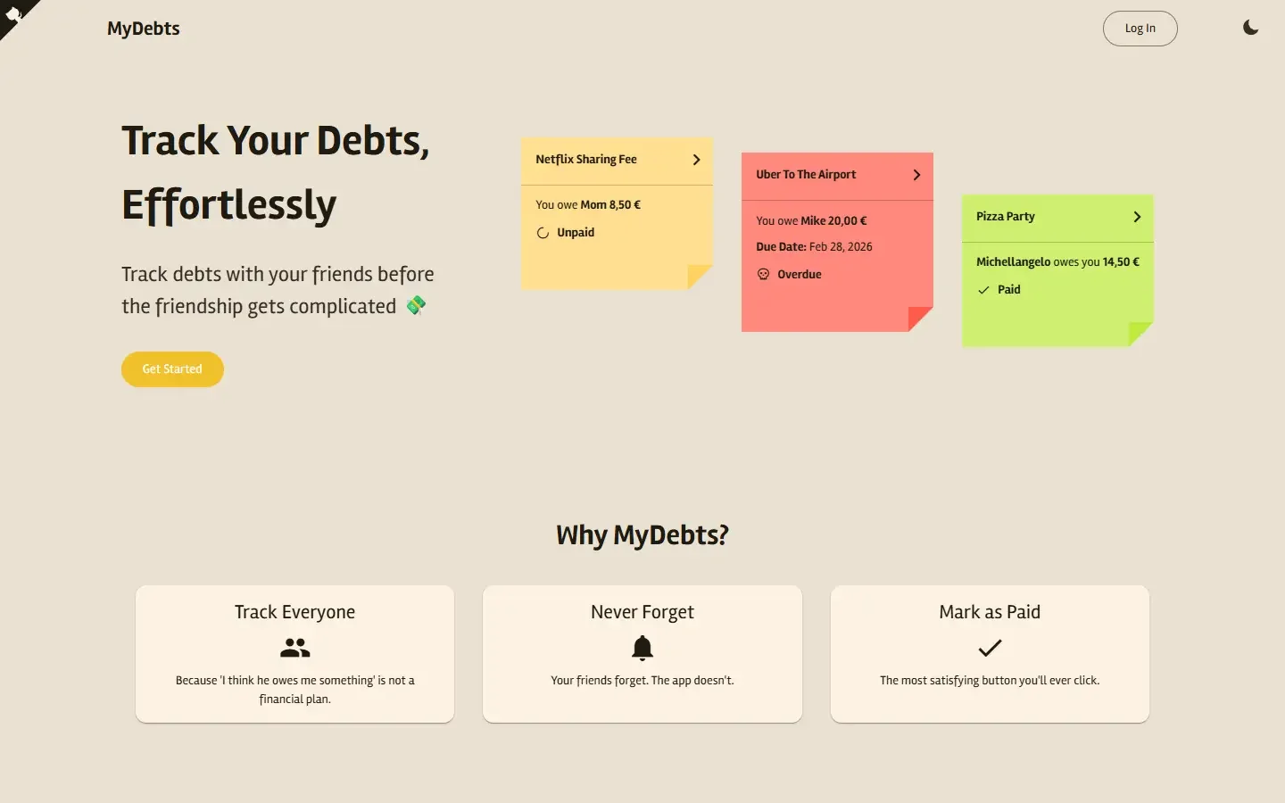 Página de inicio de MyDebts