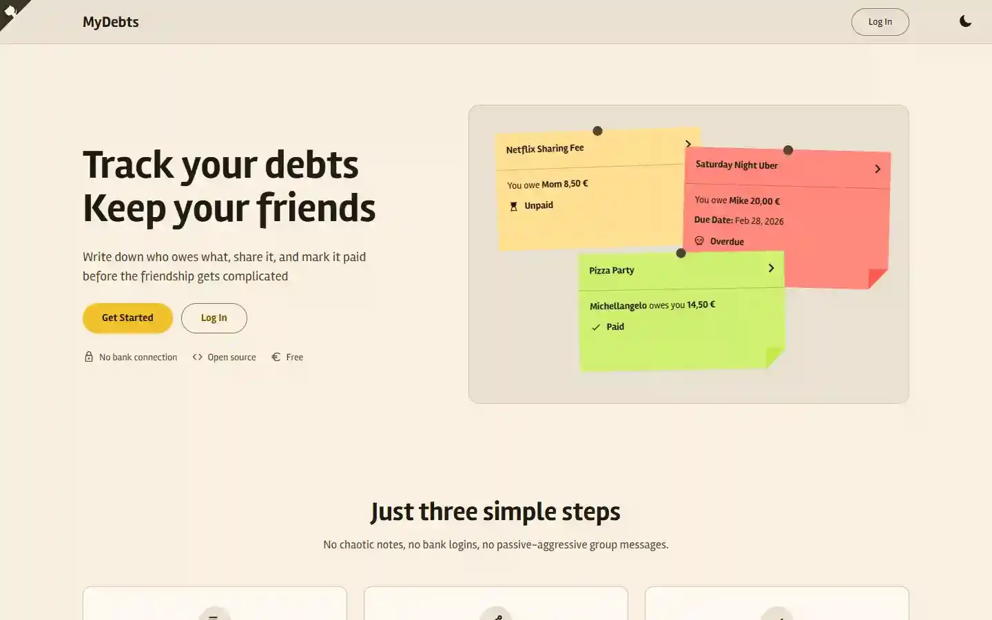 Página de inicio de MyDebts